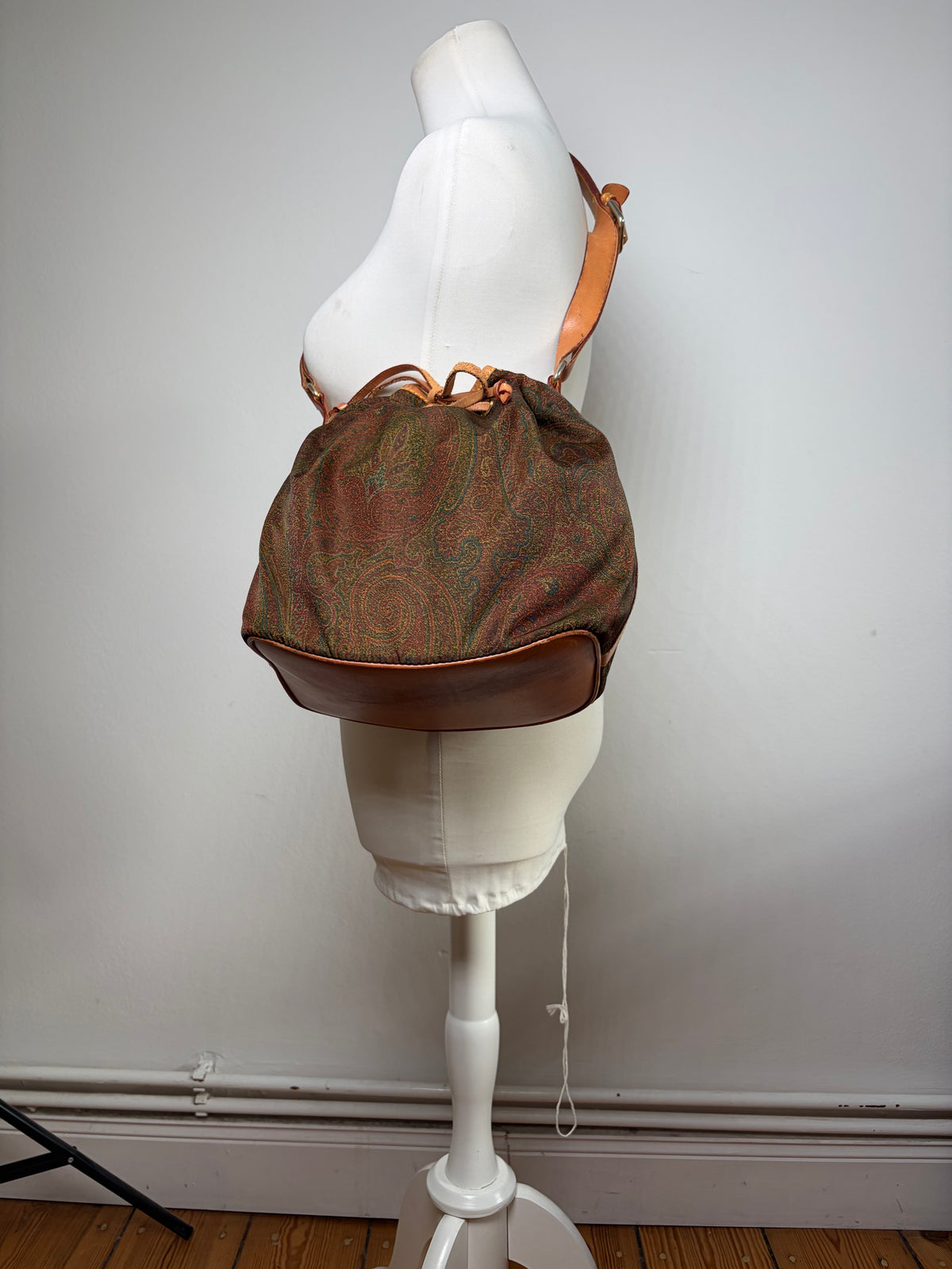 Vintage Etro Paisley Canvas Drawstring Bucket Bag Late 1980s Green Rust