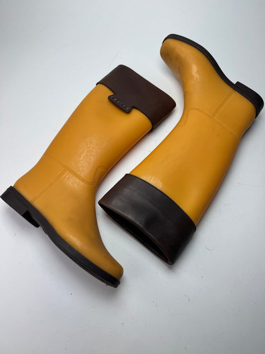 Vintage Celine Paris Rubber Leather Boots Yellow Brown EU38