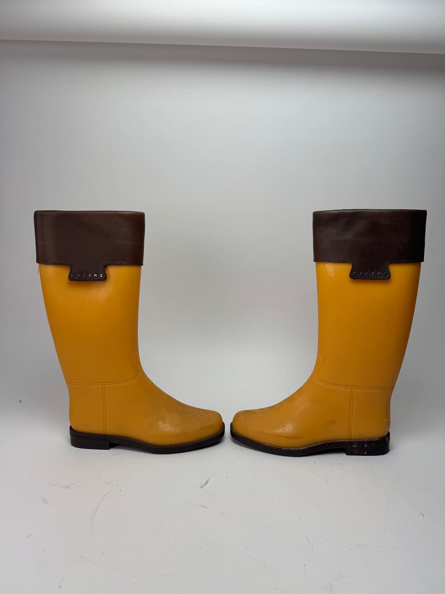Vintage Celine Paris Rubber Leather Boots Yellow Brown EU38