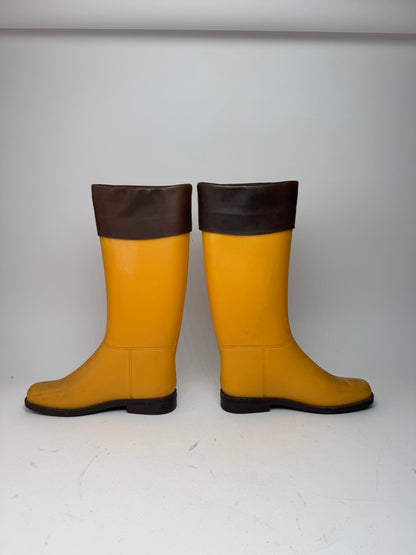 Vintage Celine Paris Rubber Leather Boots Yellow Brown EU38