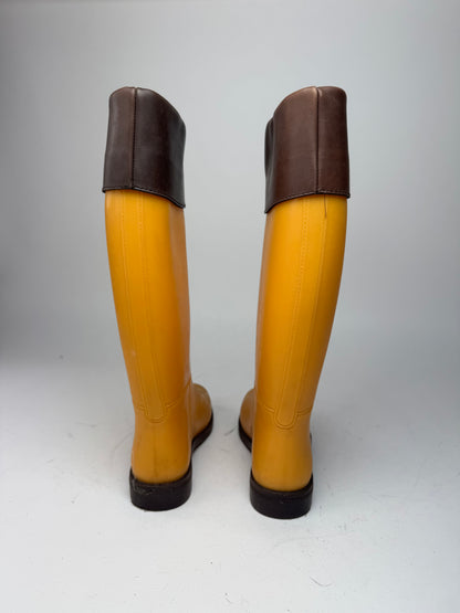 Vintage Celine Paris Rubber Leather Boots Yellow Brown EU38