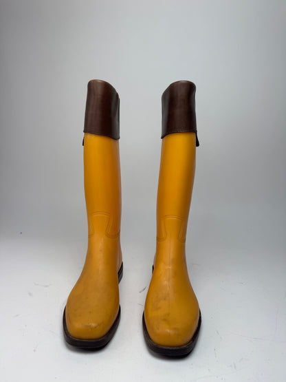 Vintage Celine Paris Rubber Leather Boots Yellow Brown EU38