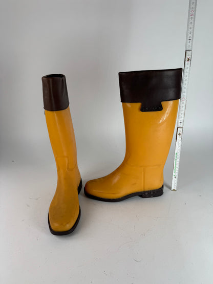 Vintage Celine Paris Rubber Leather Boots Yellow Brown EU38