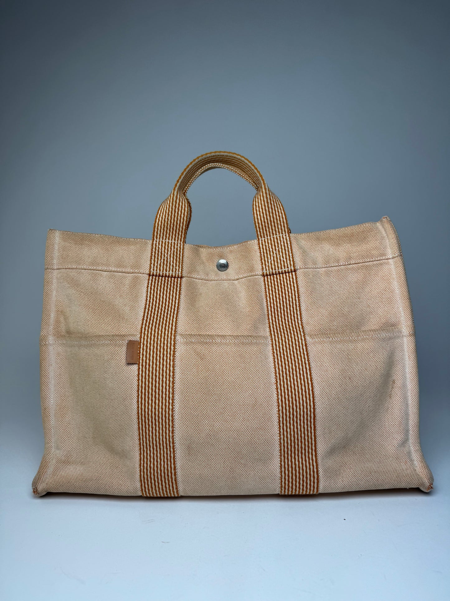 Vintage Hermes Canvas Striped Tote Bag Peach
