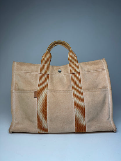 Vintage Hermes Canvas Striped Tote Bag Peach