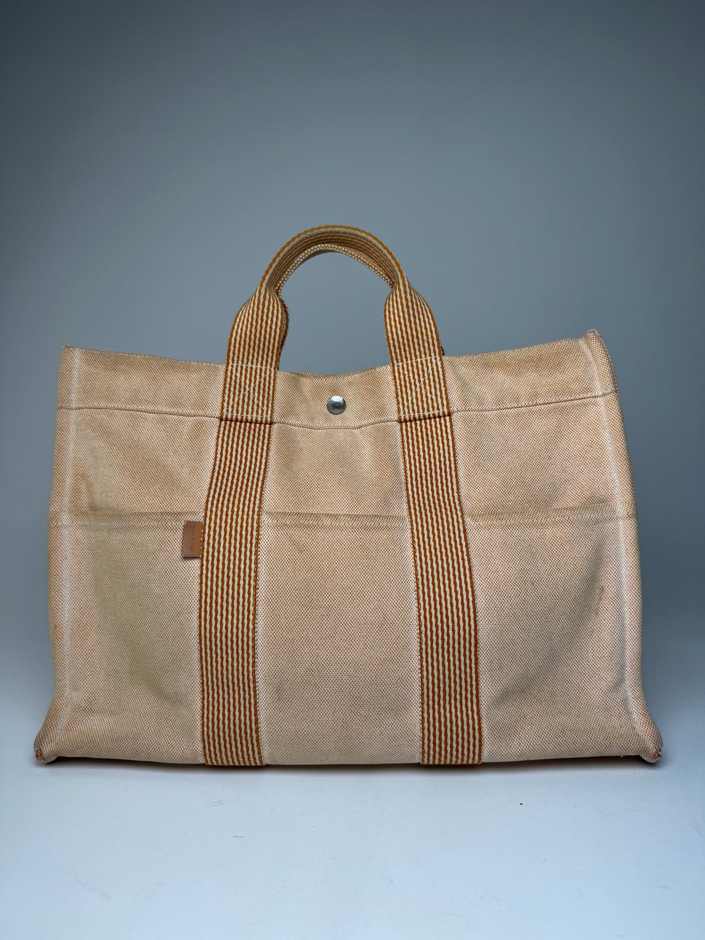Vintage Hermes Canvas Striped Tote Bag Peach
