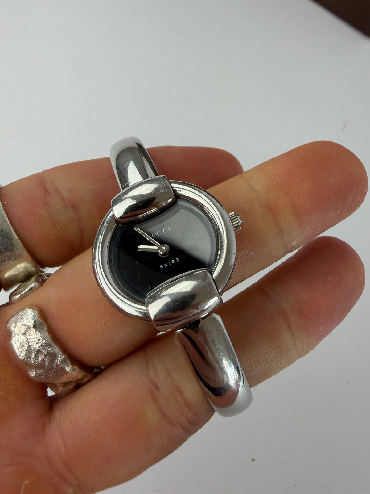 Vintage Gucci Stainless Steel Bracelet Watch Black Dial