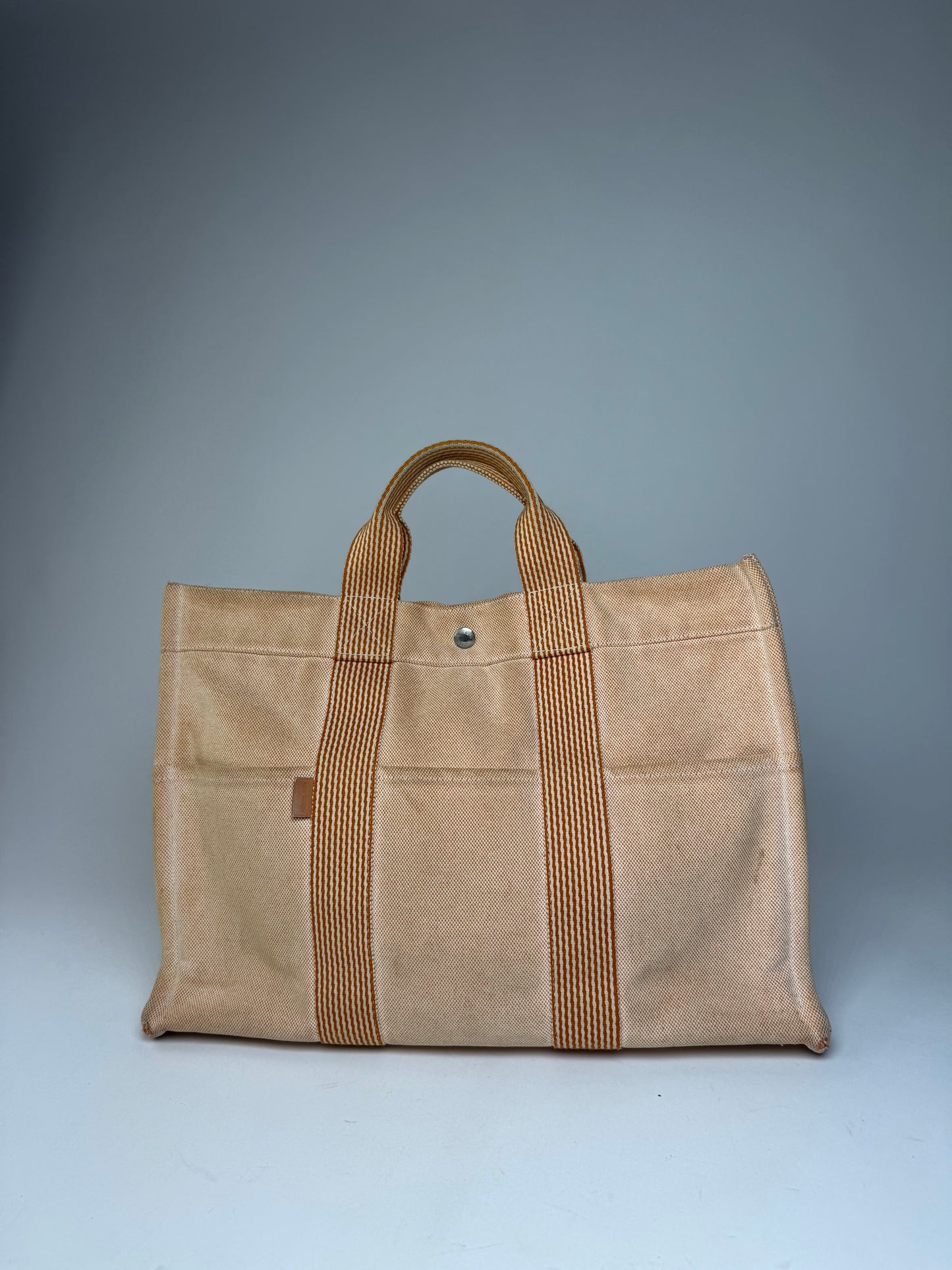 Vintage Hermes Canvas Striped Tote Bag Peach