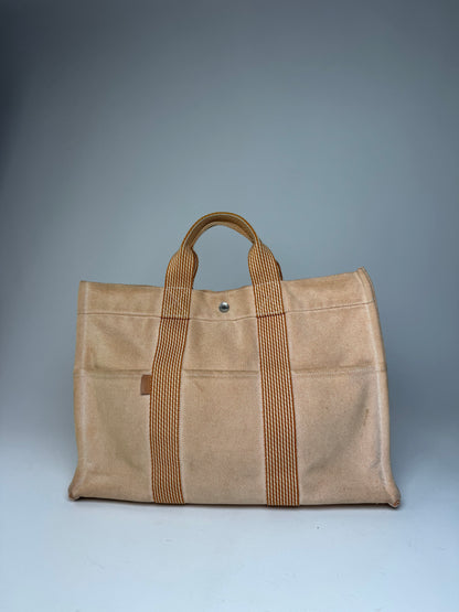 Vintage Hermes Canvas Striped Tote Bag Peach