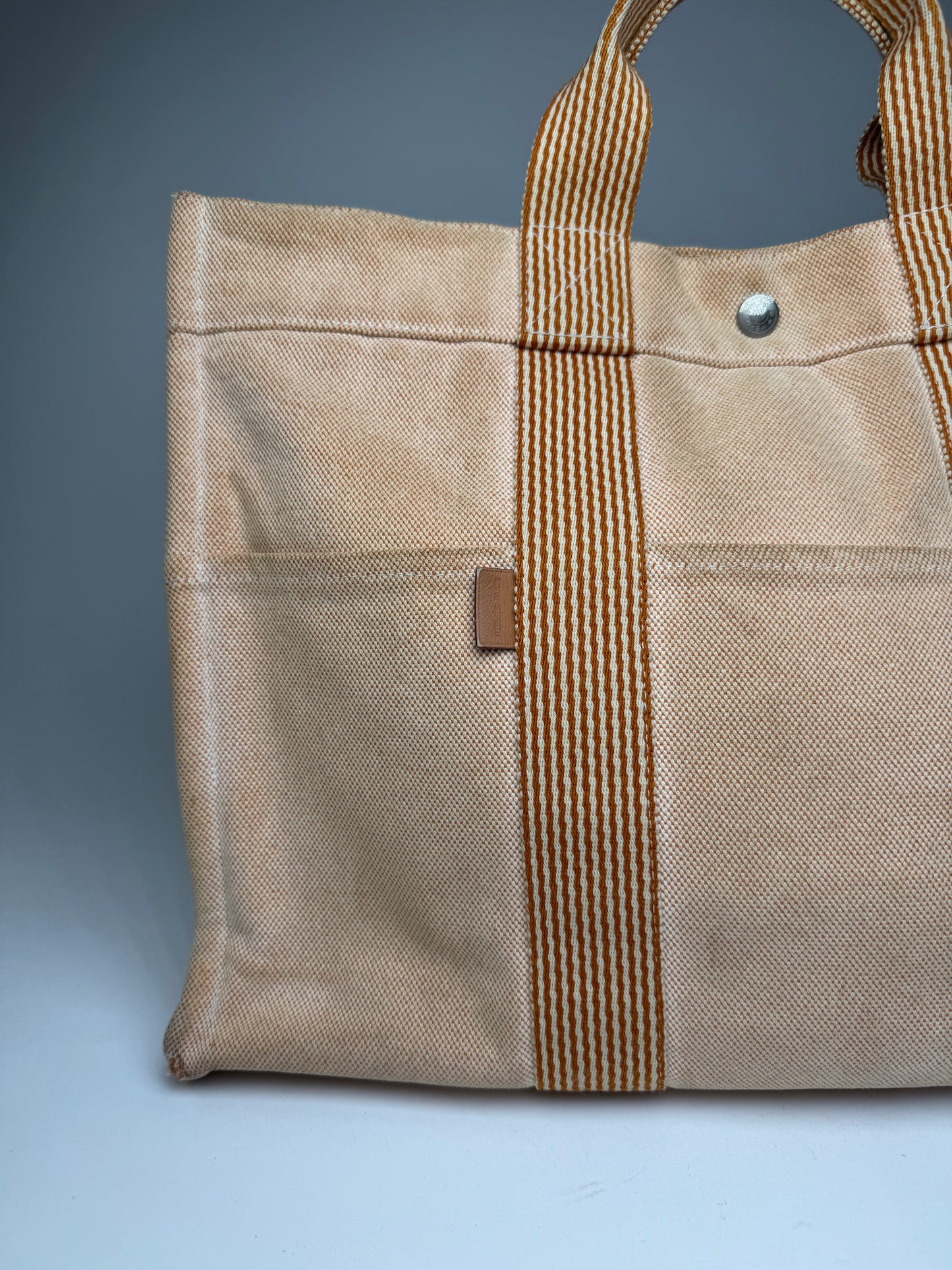 Vintage Hermes Canvas Striped Tote Bag Peach