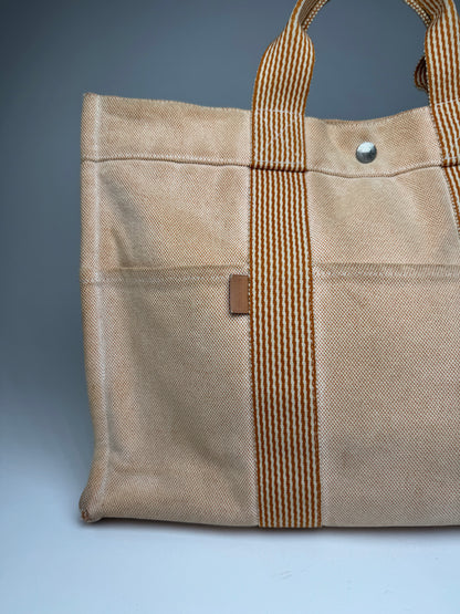 Vintage Hermes Canvas Striped Tote Bag Peach