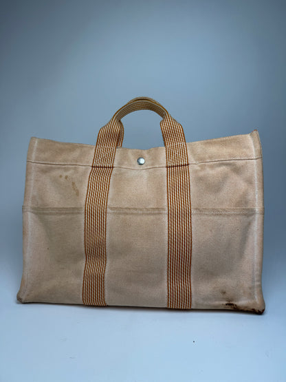 Vintage Hermes Canvas Striped Tote Bag Peach