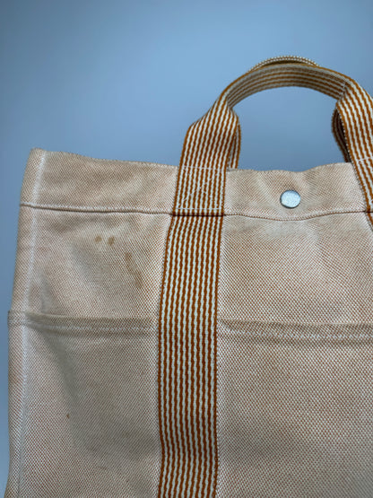 Vintage Hermes Canvas Striped Tote Bag Peach