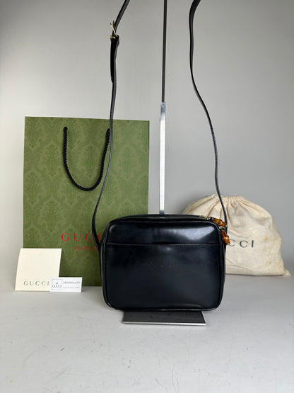 Vintage Gucci Leather Crossbody Bag Black Gold