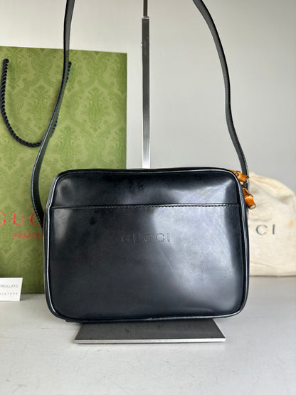 Vintage Gucci Leather Crossbody Bag Black Gold