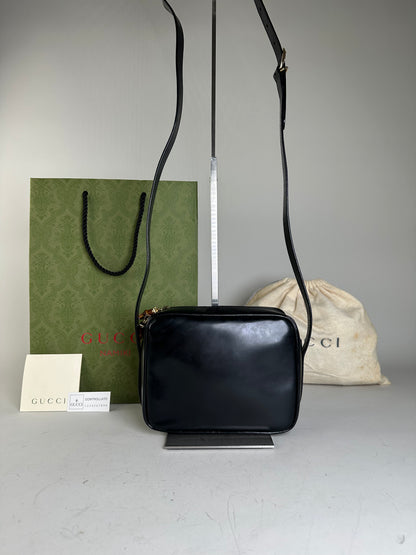 Vintage Gucci Leather Crossbody Bag Black Gold