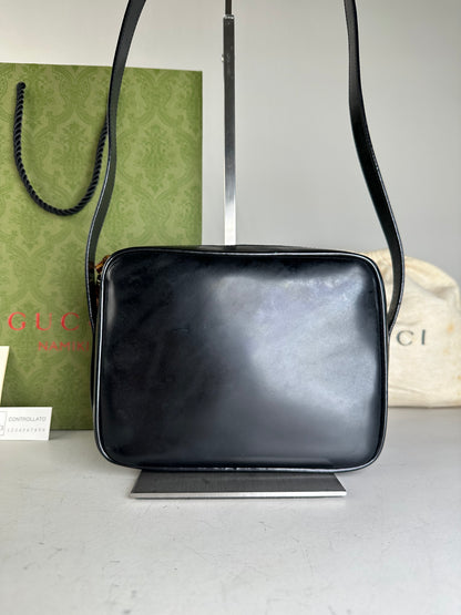 Vintage Gucci Leather Crossbody Bag Black Gold
