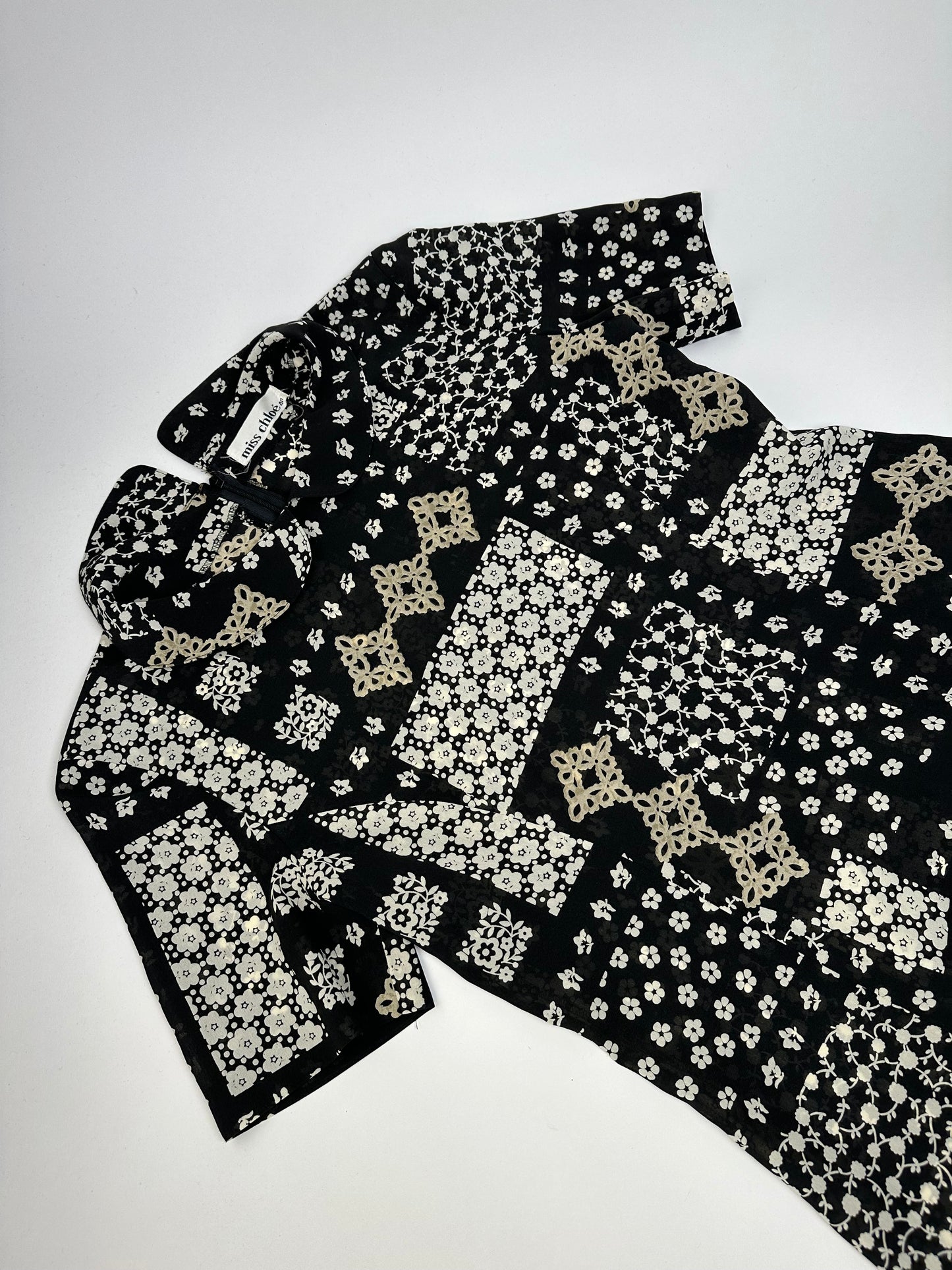 Vintage Chloe Silk Blend Floral Dress Black Cream