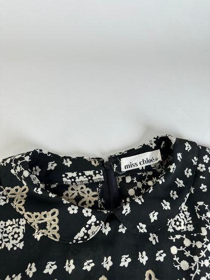 Vintage Chloe Silk Blend Floral Dress Black Cream