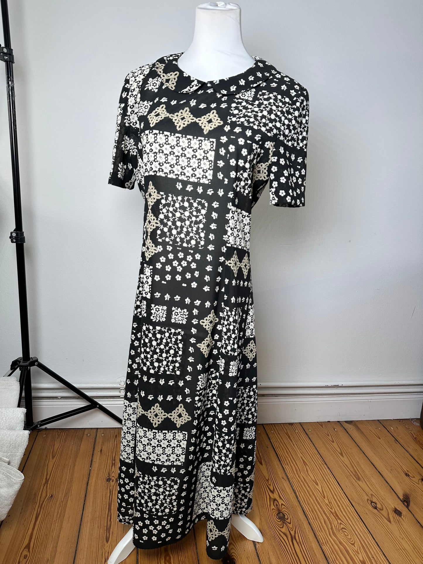 Vintage Chloe Silk Blend Floral Dress Black Cream
