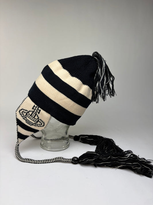 Vintage Vivienne Westwood Knit Earflap Hat Navy Cream