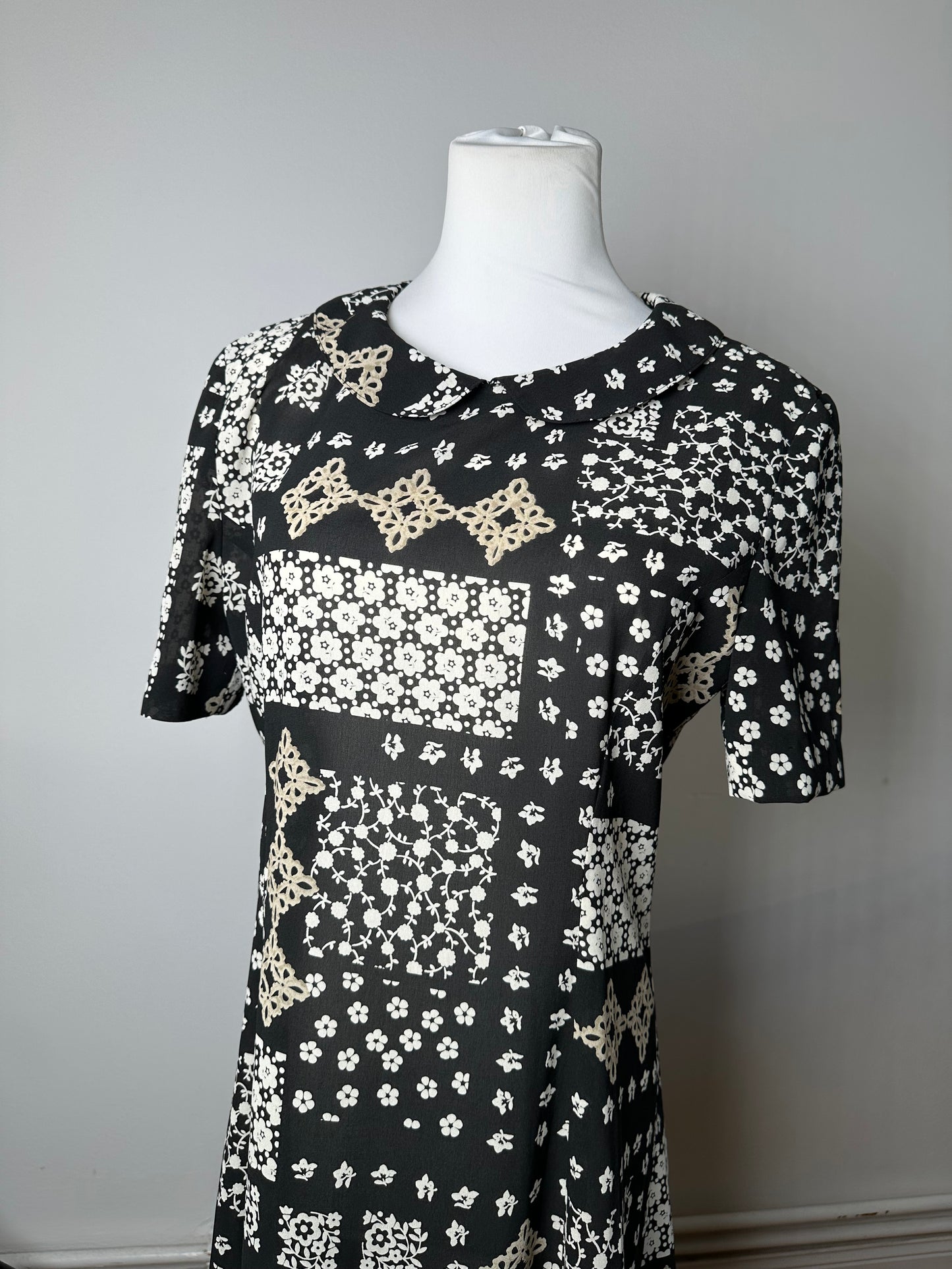 Vintage Chloe Silk Blend Floral Dress Black Cream
