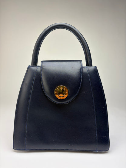 Vintage Givenchy Structured Leather Top-Handle Bag Navy Gold