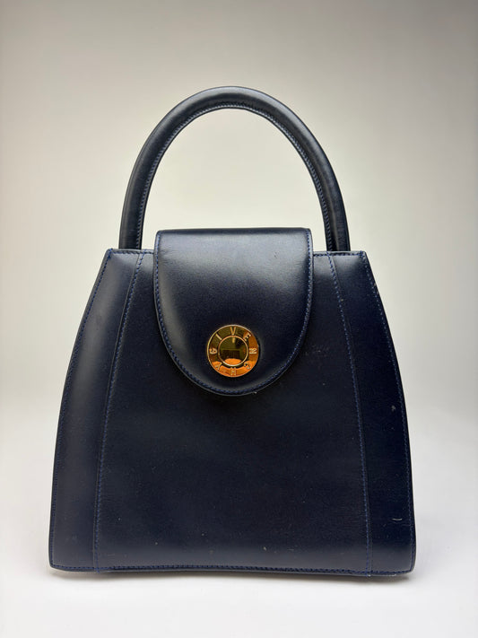 Vintage Givenchy Structured Leather Top-Handle Bag Navy Gold