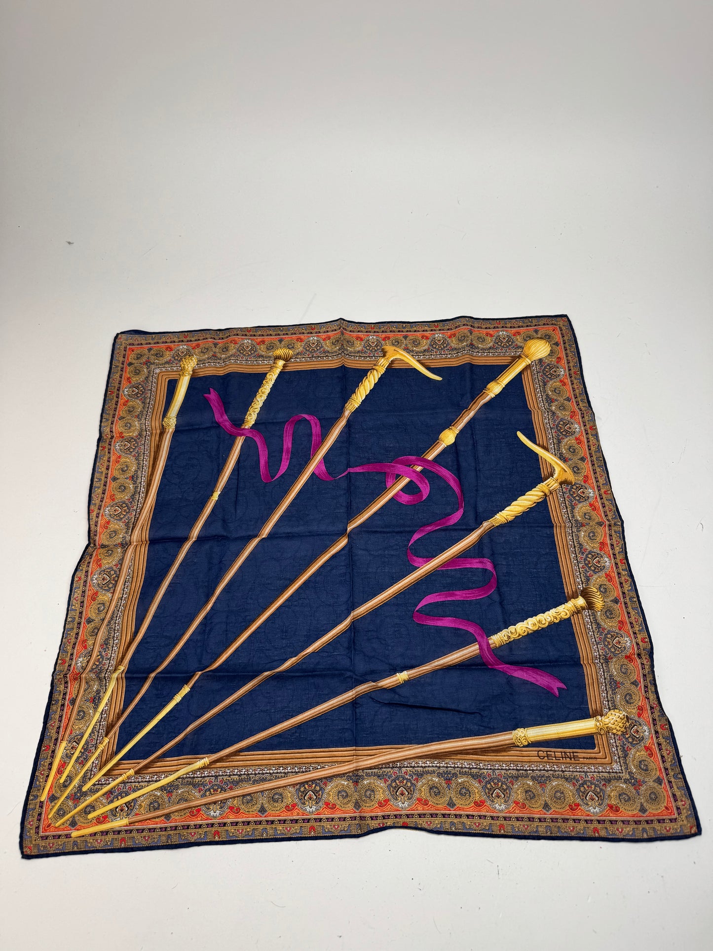 Vintage Celine Baroque Scarf Gold Navy