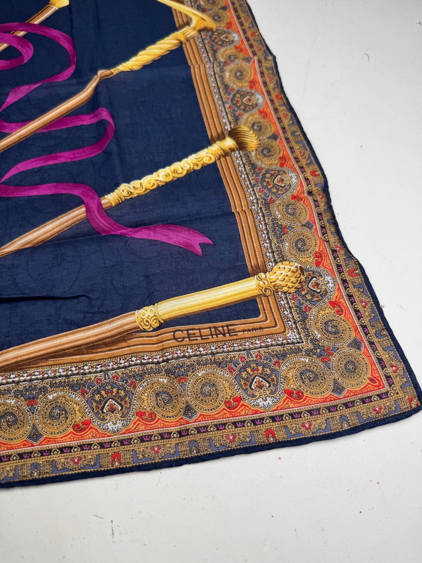 Vintage Celine Baroque Scarf Gold Navy