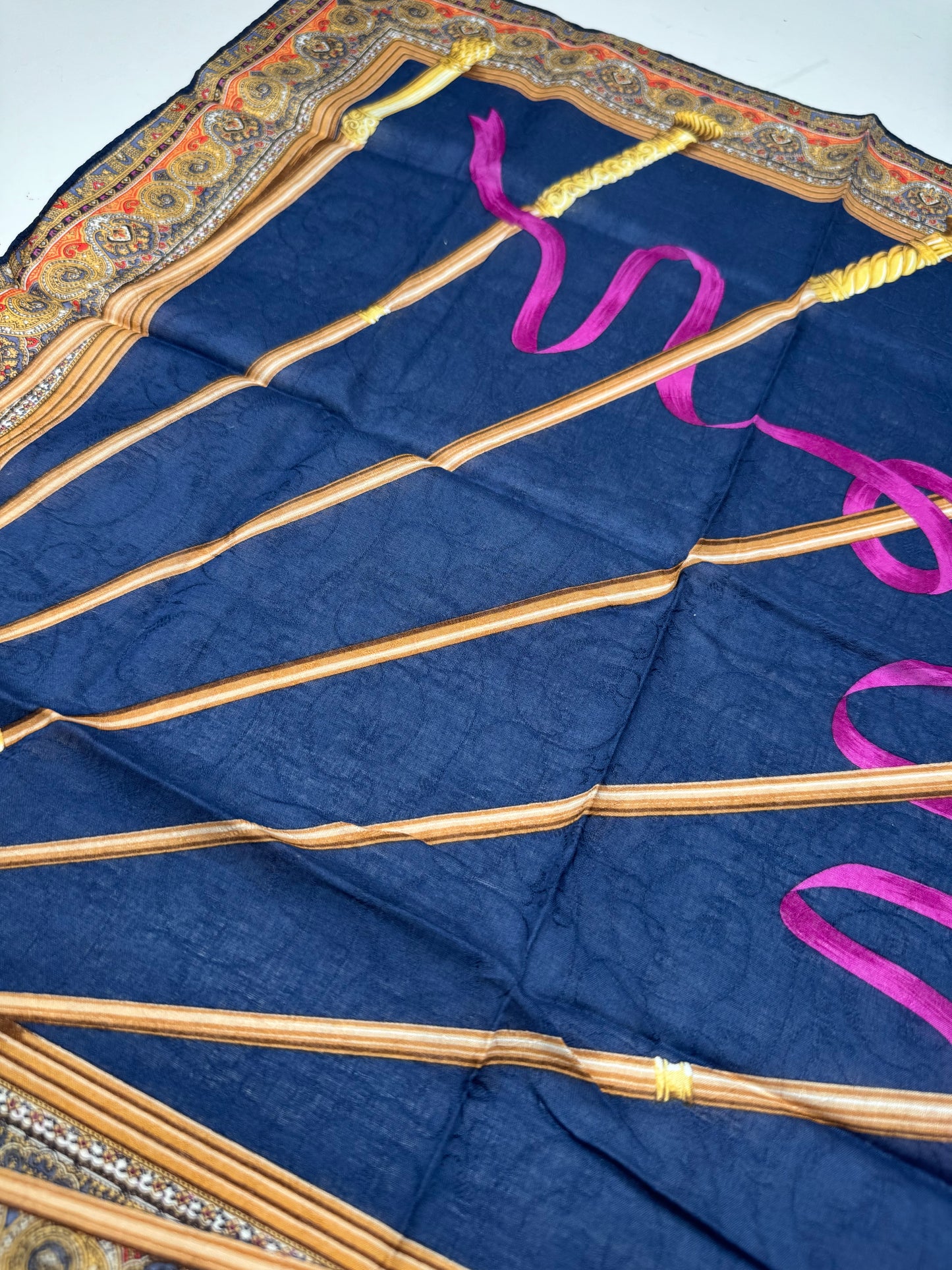 Vintage Celine Baroque Scarf Gold Navy