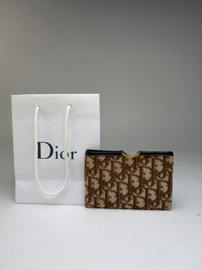 Vintage Dior Oblique Jacquard Flap Wallet Late 1970s Beige Brown