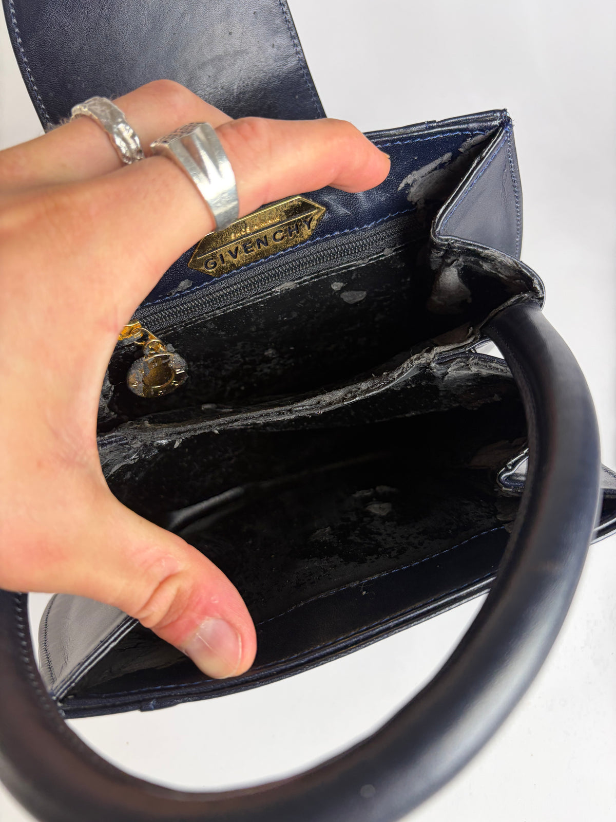 Vintage Givenchy Structured Leather Top-Handle Bag Navy Gold