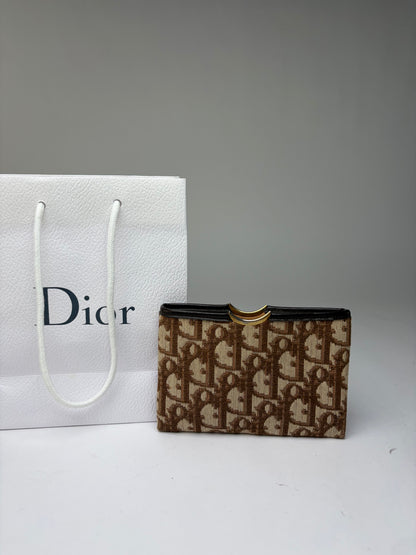 Vintage Dior Oblique Jacquard Flap Wallet Late 1970s Beige Brown