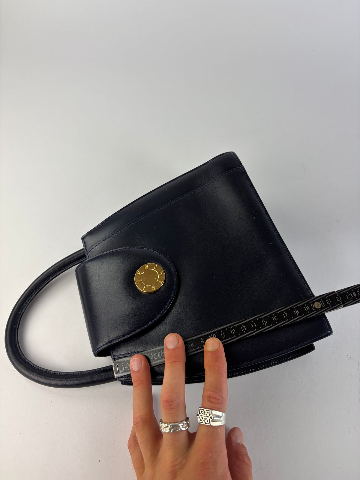 Vintage Givenchy Structured Leather Top-Handle Bag Navy Gold