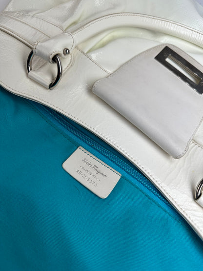Vintage Ferragamo Grained Leather Shoulder Bag White Silver
