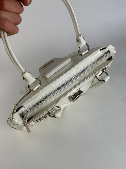 Vintage Ferragamo Grained Leather Shoulder Bag White Silver