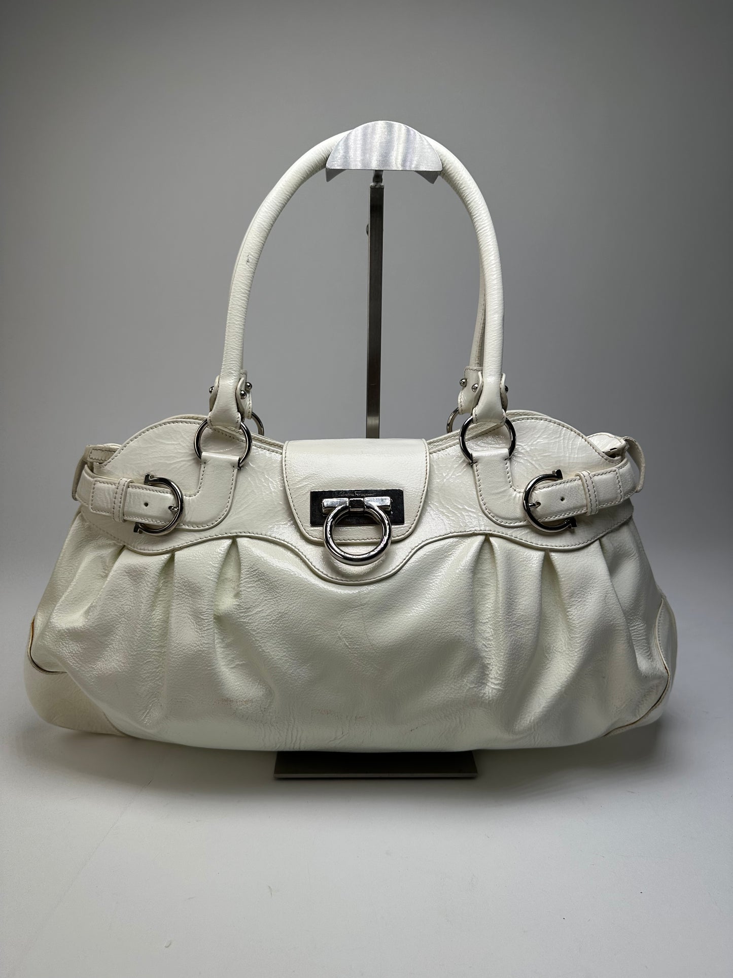 Vintage Ferragamo Grained Leather Shoulder Bag White Silver