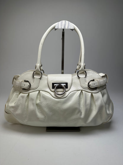 Vintage Ferragamo Grained Leather Shoulder Bag White Silver