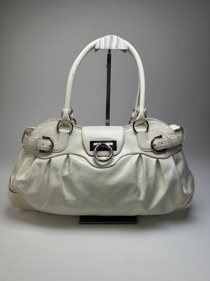 Vintage Ferragamo Grained Leather Shoulder Bag White Silver