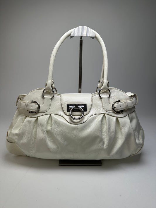 Vintage Ferragamo Grained Leather Shoulder Bag White Silver