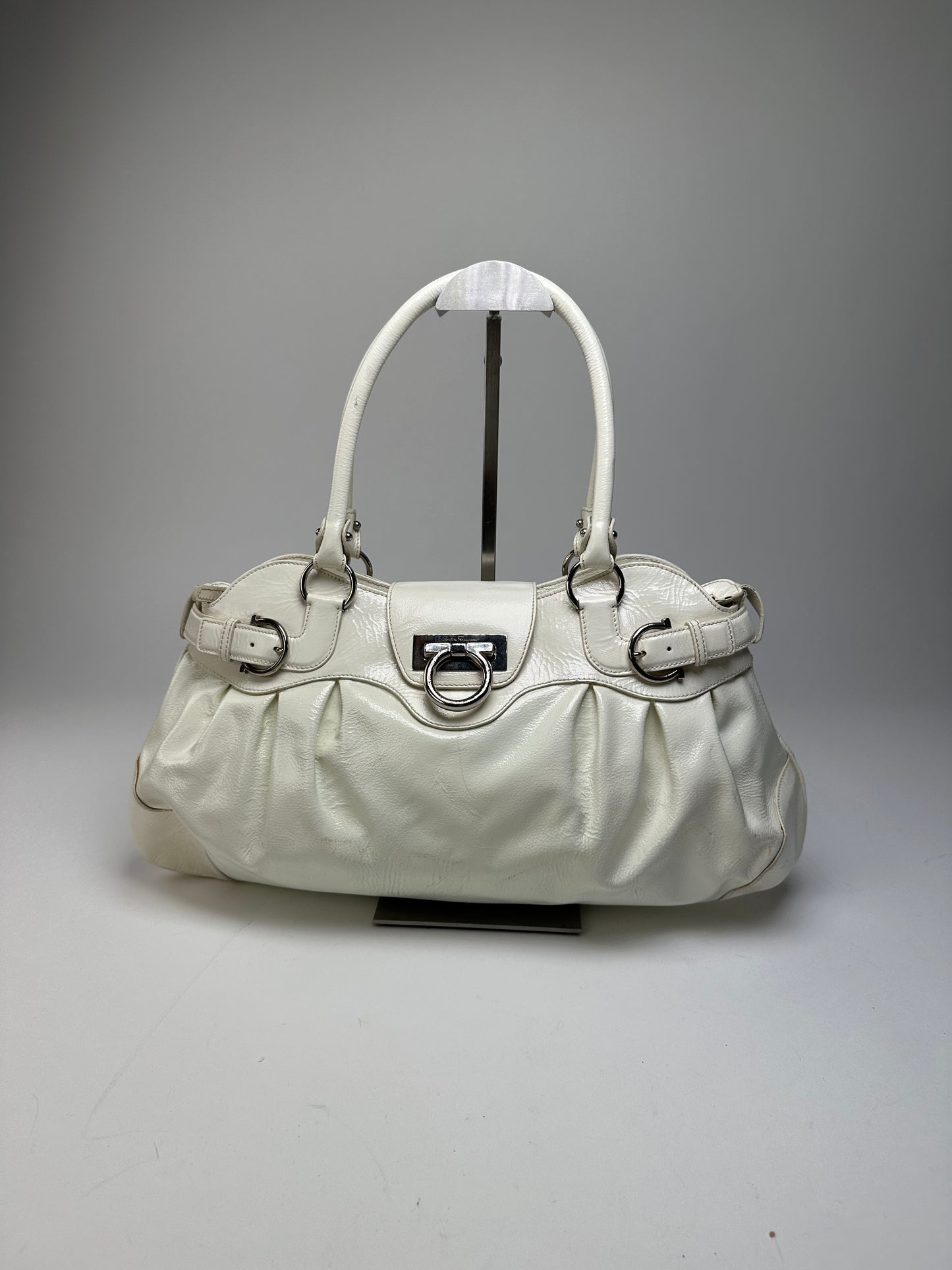 Vintage Ferragamo Grained Leather Shoulder Bag White Silver