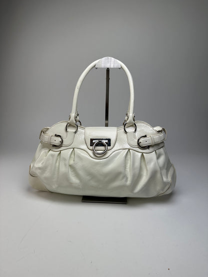 Vintage Ferragamo Grained Leather Shoulder Bag White Silver