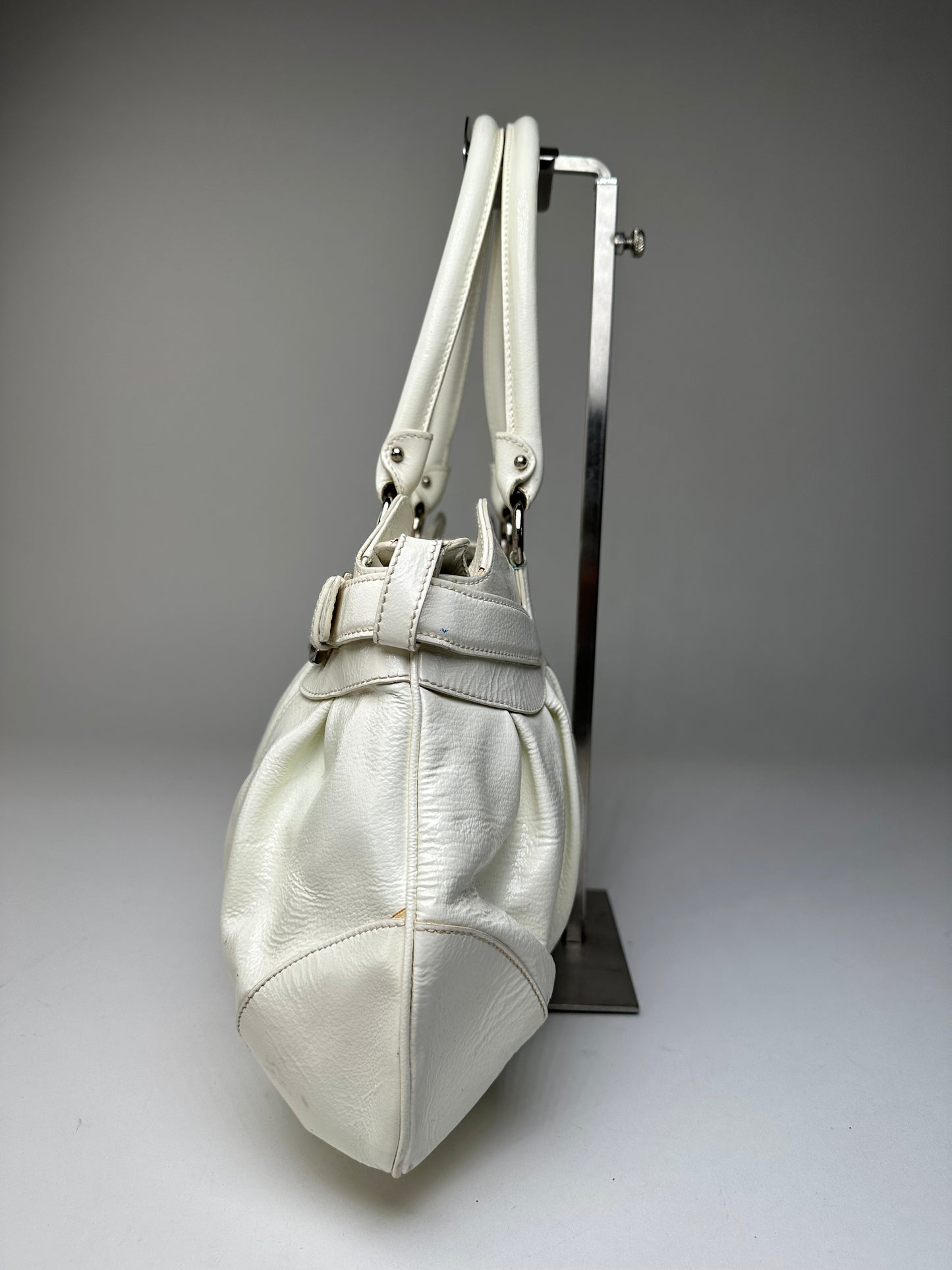 Vintage Ferragamo Grained Leather Shoulder Bag White Silver