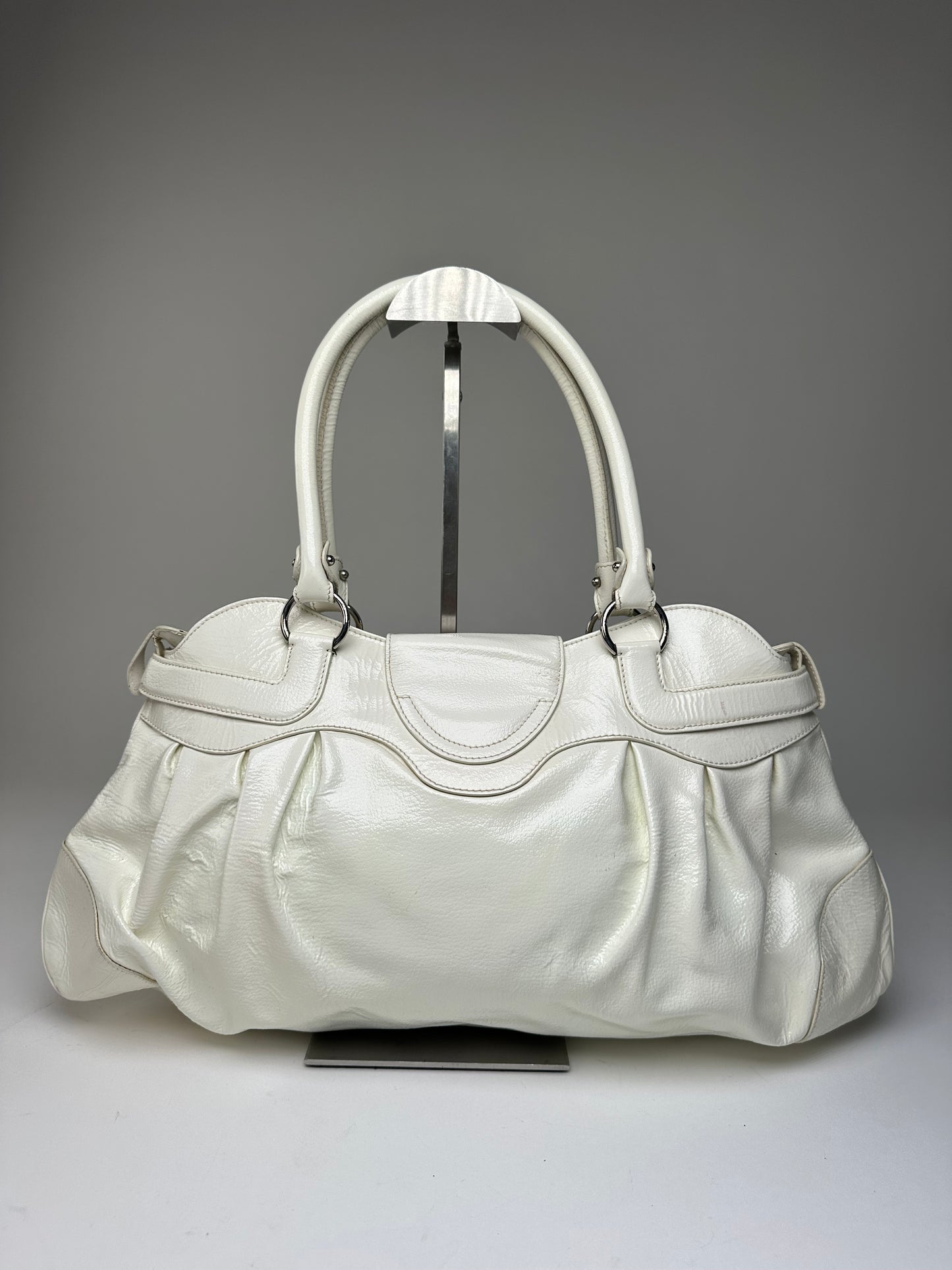 Vintage Ferragamo Grained Leather Shoulder Bag White Silver