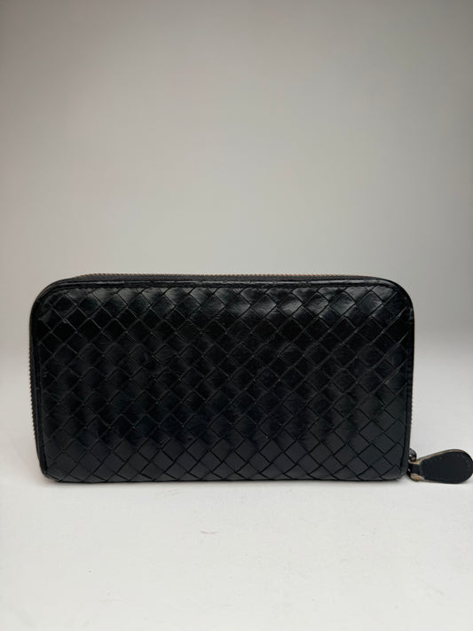 Vintage Bottega Veneta Intrecciato Zippy leather wallet black