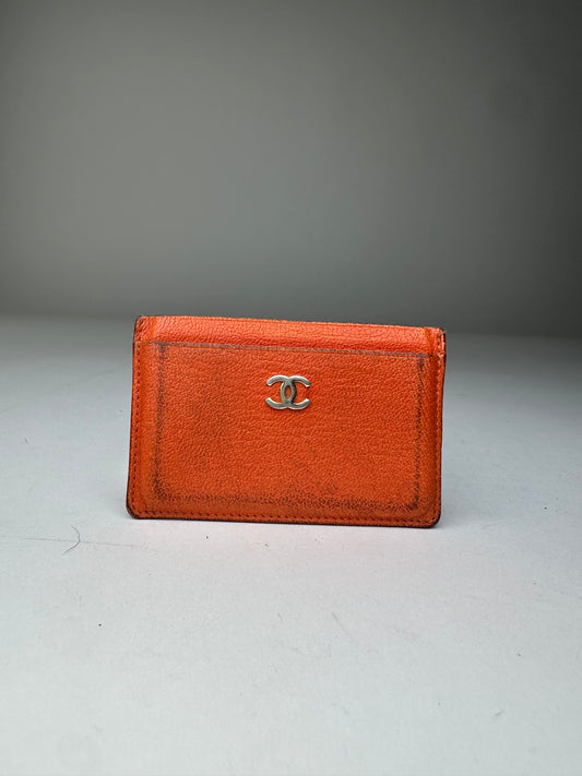 Vintage Chanel Leather Card Holder Orange Silver