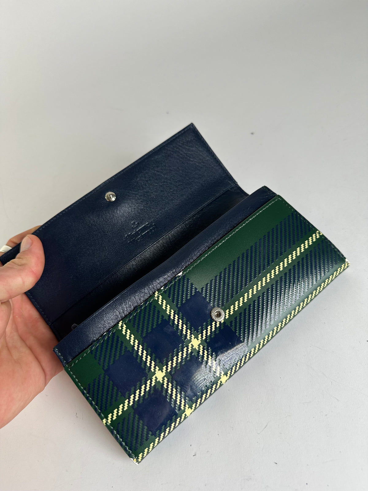 Vintage Vivienne Westwood Patent Tartan Bifold Wallet c. Mid-2000s Green Navy