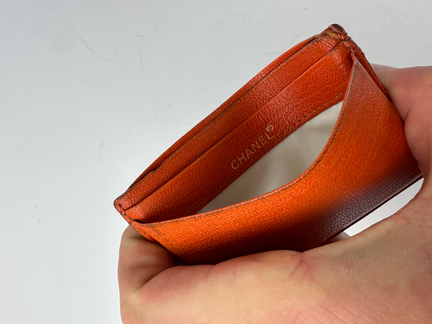 Vintage Chanel Leather Card Holder Orange Silver