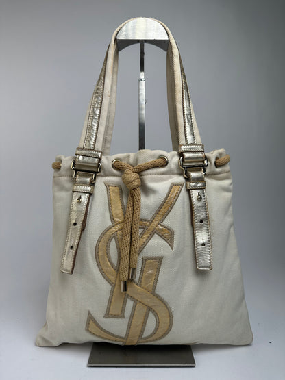 Vintage Yves Saint Laurent Canvas Tote Early 2000s Cream Gold